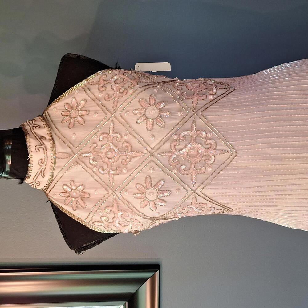 Vintage NWT Scala Pink Silk Beaded and Sequins Long Gown Dress Size Small - Picture 2 of 9